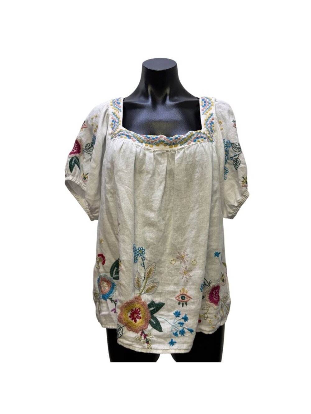 Johnny Was Linen Blouse White Multi Embroidered Floral XL